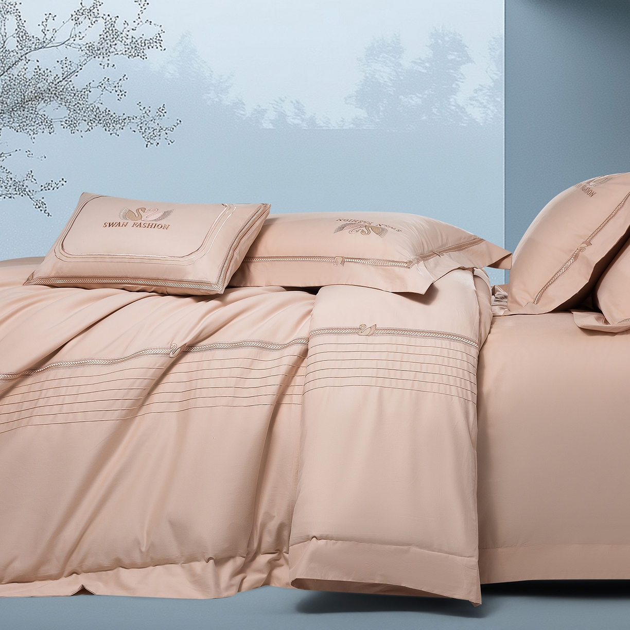 91家纺网 家纺一手货源 找家纺 高大尚婚庆馆 2025新款长绒棉磨毛四件套-施华洛 施华洛-卡其色