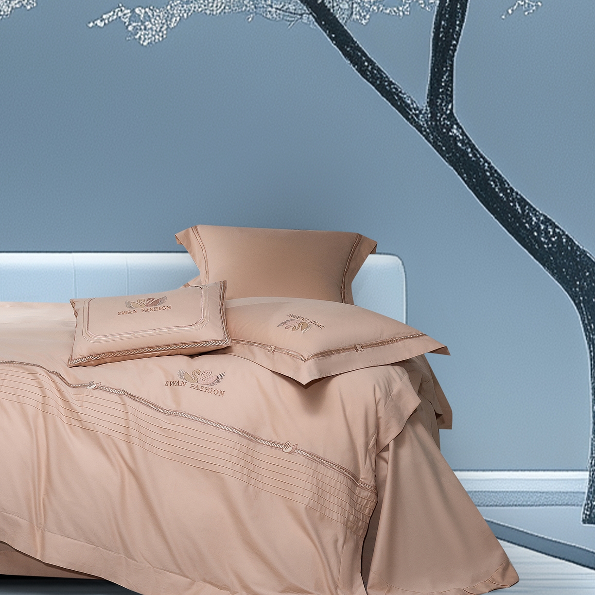 91家纺网 家纺一手货源 找家纺 高大尚婚庆馆 2025新款长绒棉磨毛四件套-施华洛 施华洛-卡其色