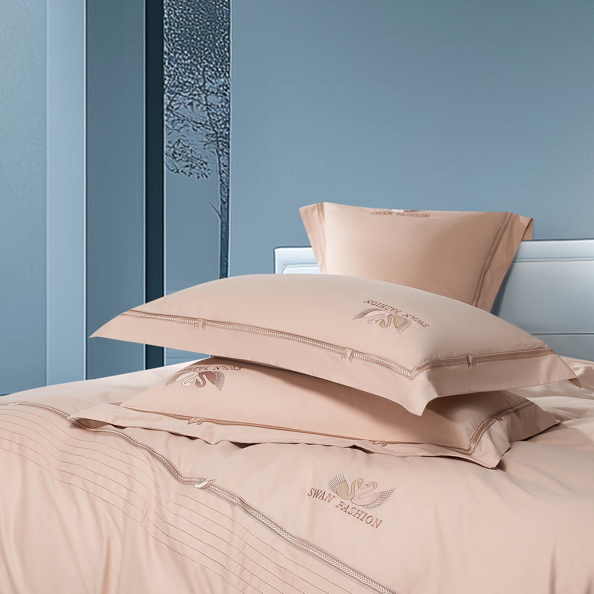 91家纺网 家纺一手货源 找家纺 高大尚婚庆馆 2025新款长绒棉磨毛四件套-施华洛 施华洛-卡其色