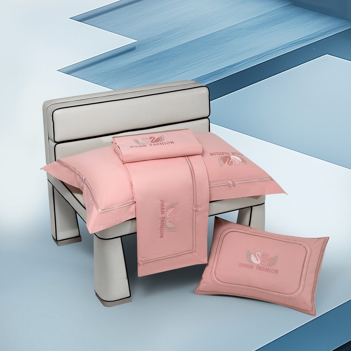 91家纺网 家纺一手货源 找家纺 高大尚婚庆馆 2025新款长绒棉磨毛四件套-施华洛 施华洛-落樱粉