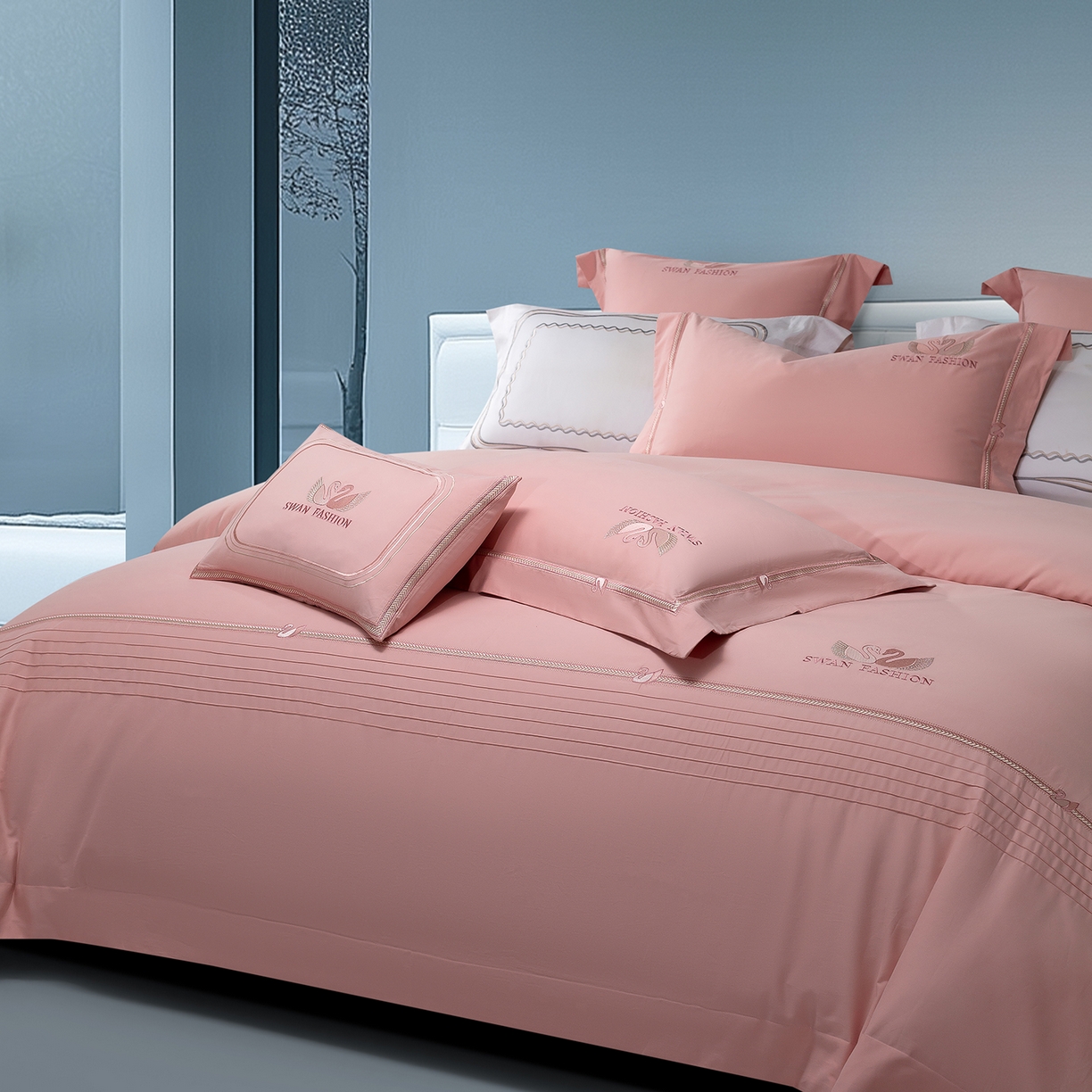 91家纺网 家纺一手货源 找家纺 高大尚婚庆馆 2025新款长绒棉磨毛四件套-施华洛 施华洛-落樱粉