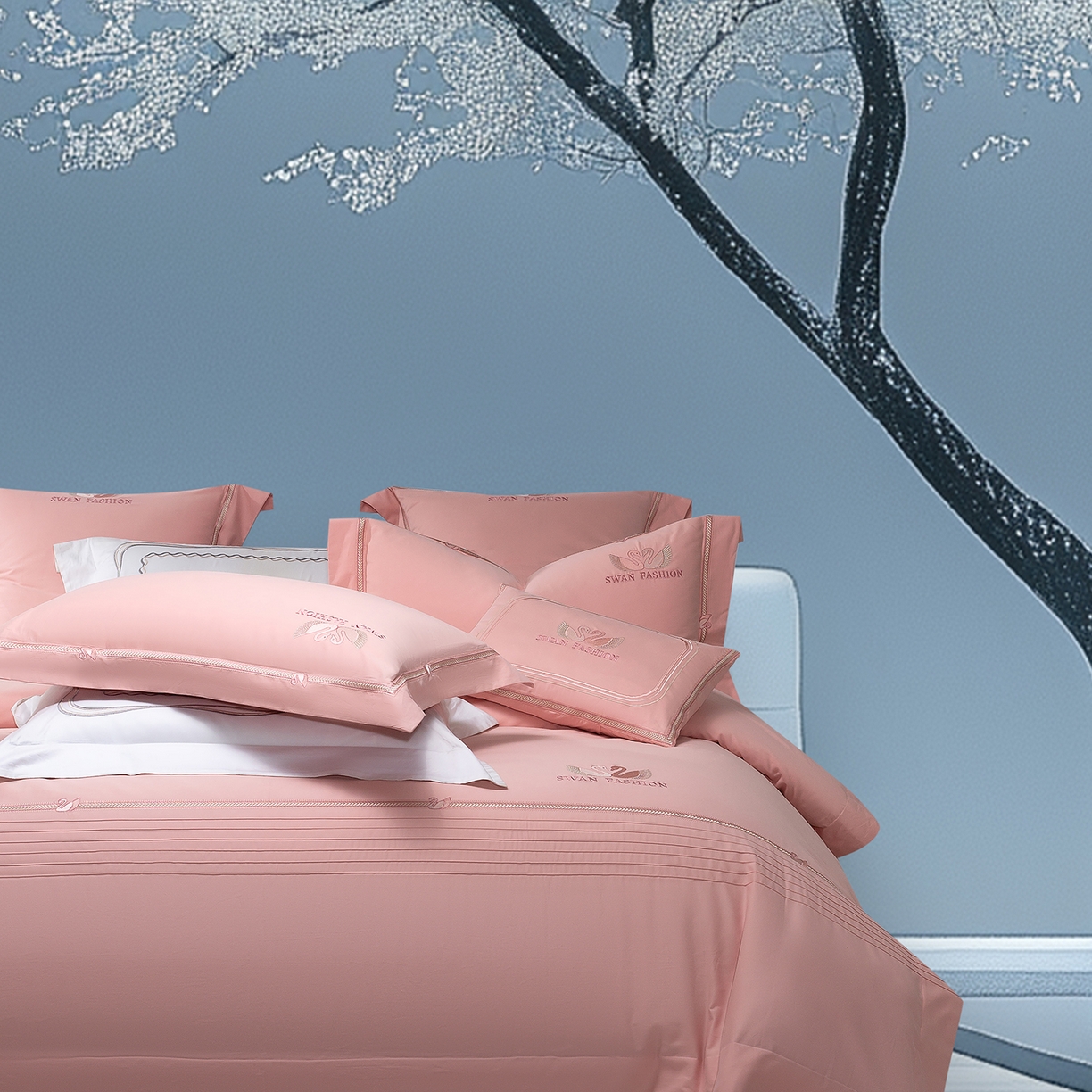 91家纺网 家纺一手货源 找家纺 高大尚婚庆馆 2025新款长绒棉磨毛四件套-施华洛 施华洛-落樱粉