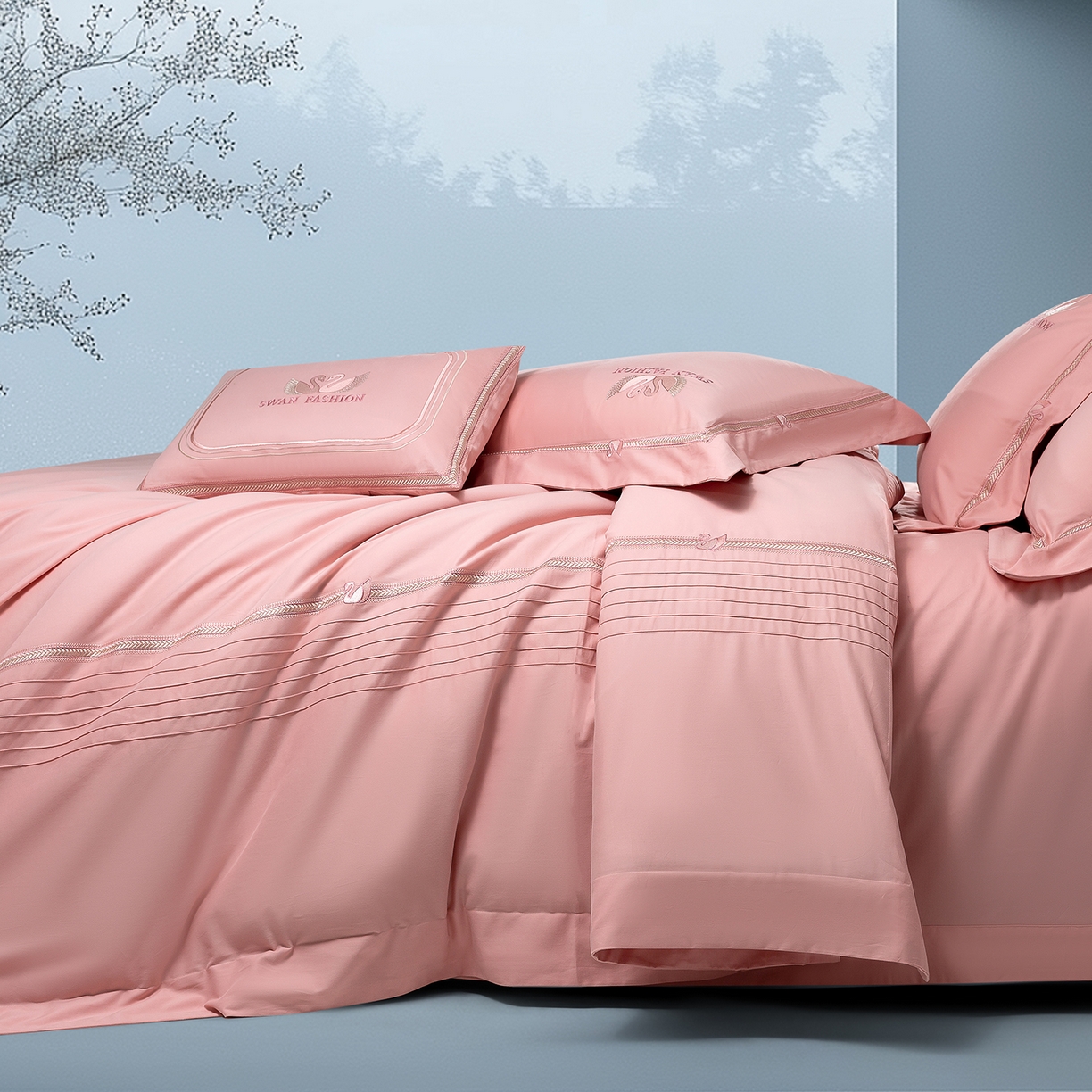 91家纺网 家纺一手货源 找家纺 高大尚婚庆馆 2025新款长绒棉磨毛四件套-施华洛 施华洛-落樱粉