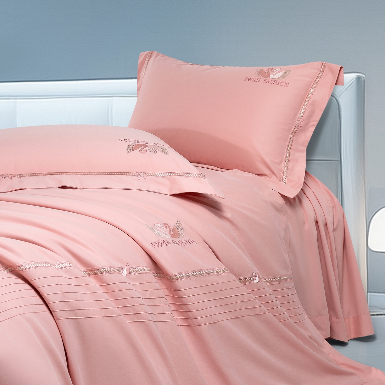 91家纺网 家纺一手货源 找家纺 高大尚婚庆馆 2025新款长绒棉磨毛四件套-施华洛 施华洛-落樱粉