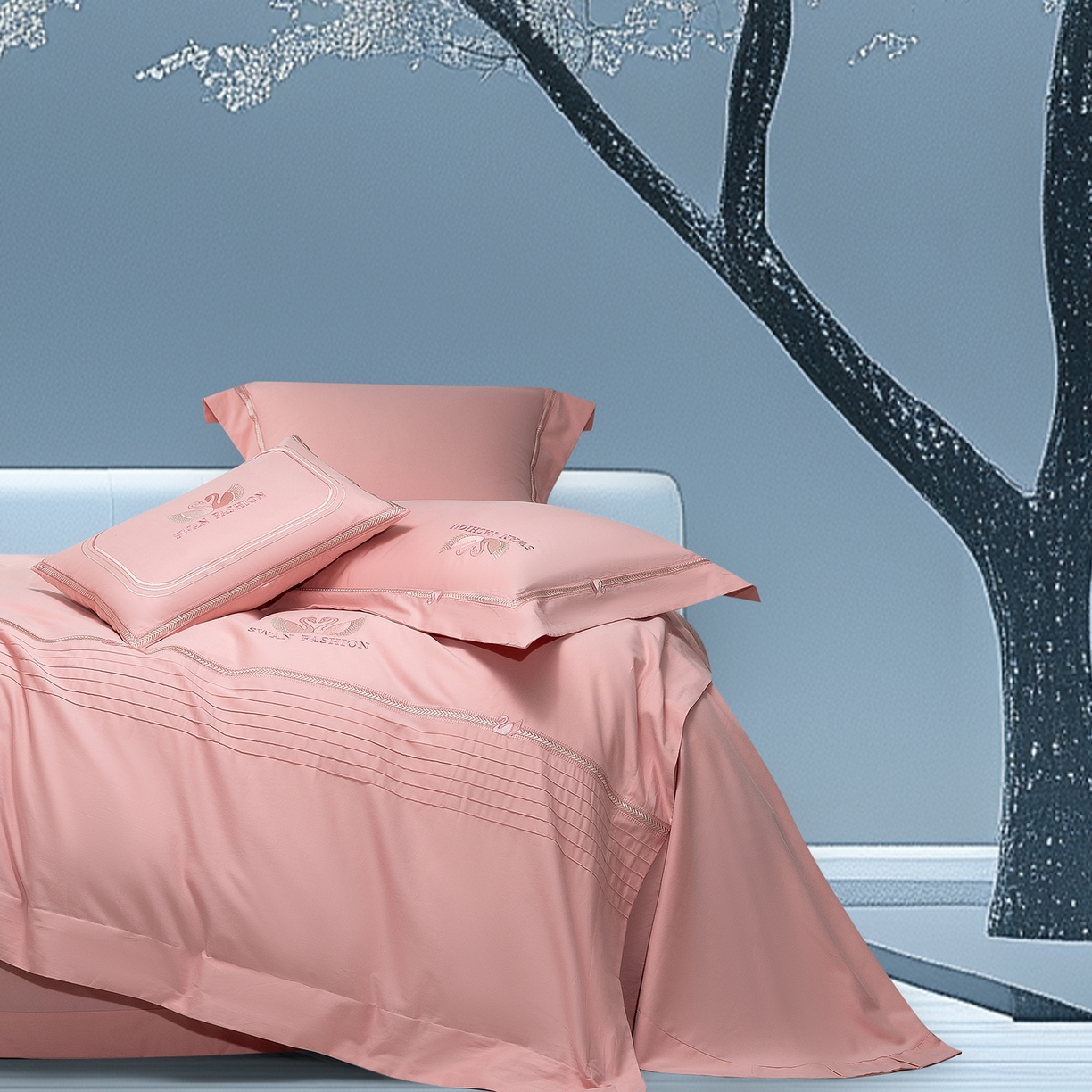 91家纺网 家纺一手货源 找家纺 高大尚婚庆馆 2025新款长绒棉磨毛四件套-施华洛 施华洛-落樱粉