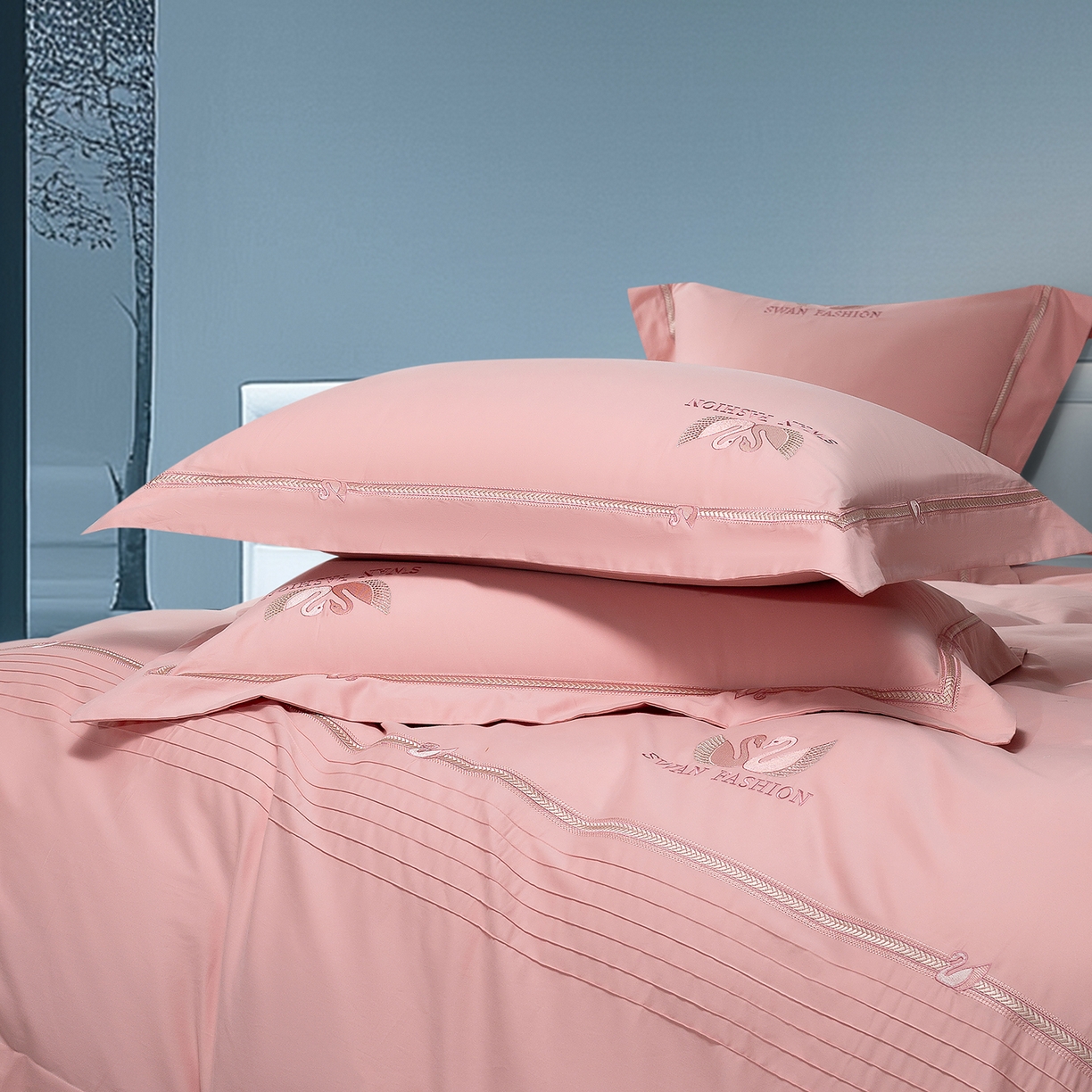 91家纺网 家纺一手货源 找家纺 高大尚婚庆馆 2025新款长绒棉磨毛四件套-施华洛 施华洛-落樱粉