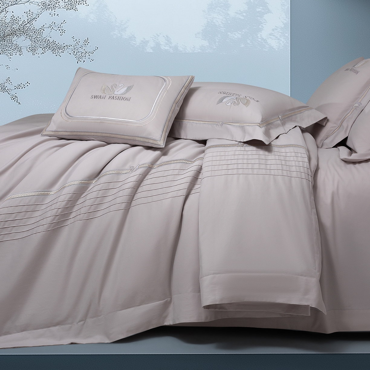 91家纺网 家纺一手货源 找家纺 高大尚婚庆馆 2025新款长绒棉磨毛四件套-施华洛 施华洛-绅士灰