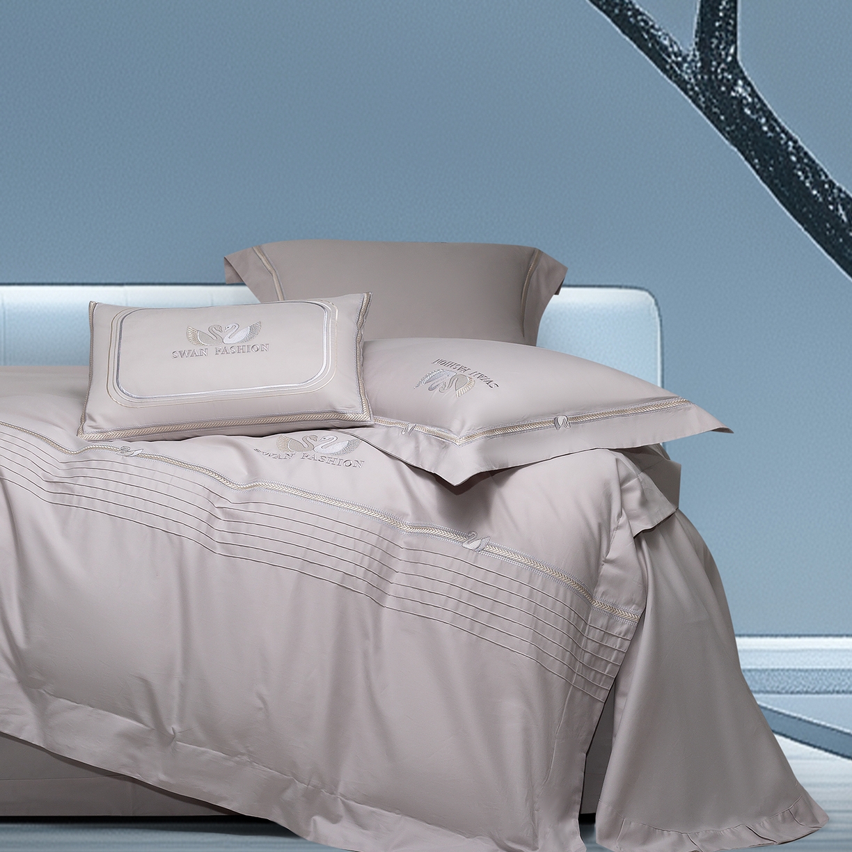 91家纺网 家纺一手货源 找家纺 高大尚婚庆馆 2025新款长绒棉磨毛四件套-施华洛 施华洛-绅士灰