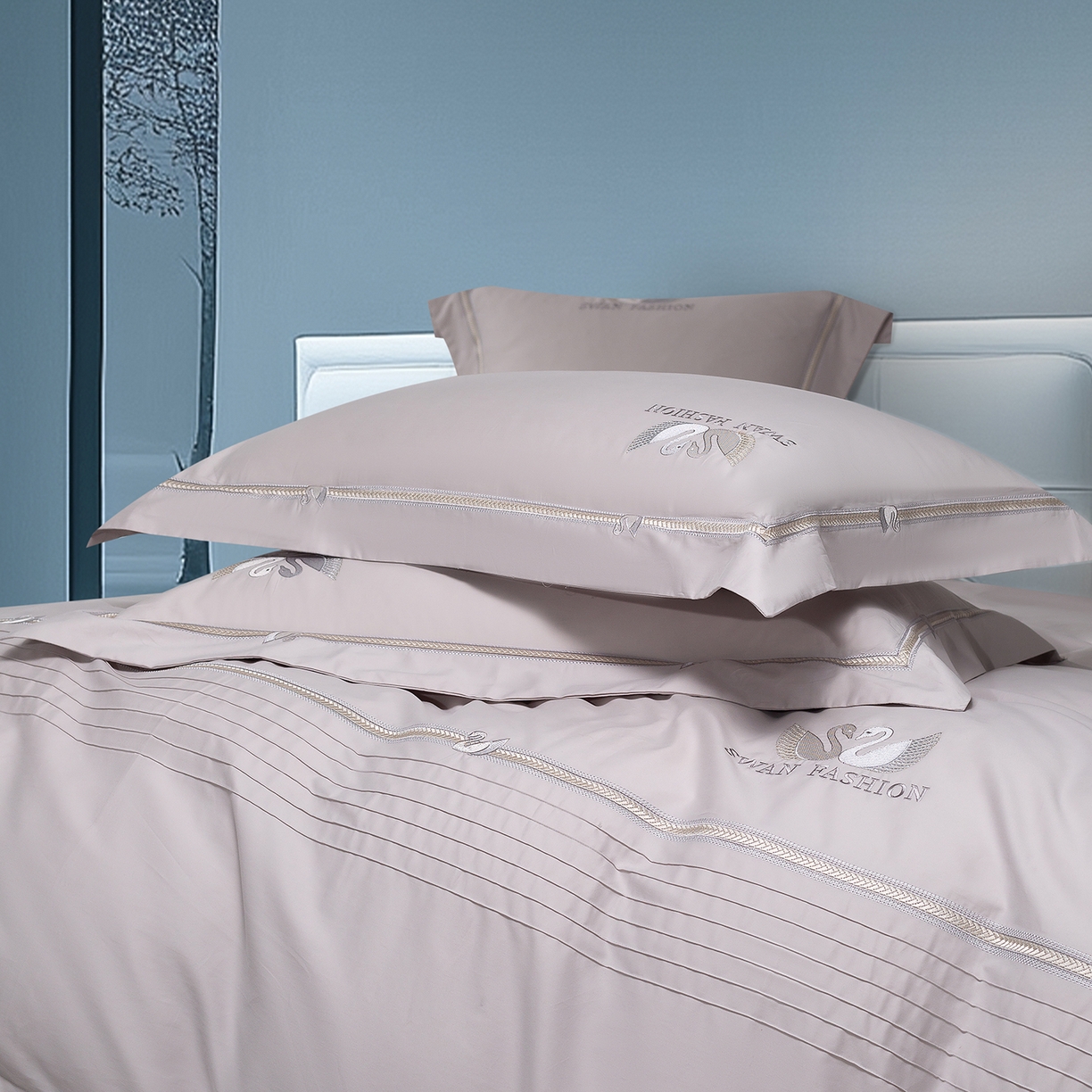 91家纺网 家纺一手货源 找家纺 高大尚婚庆馆 2025新款长绒棉磨毛四件套-施华洛 施华洛-绅士灰