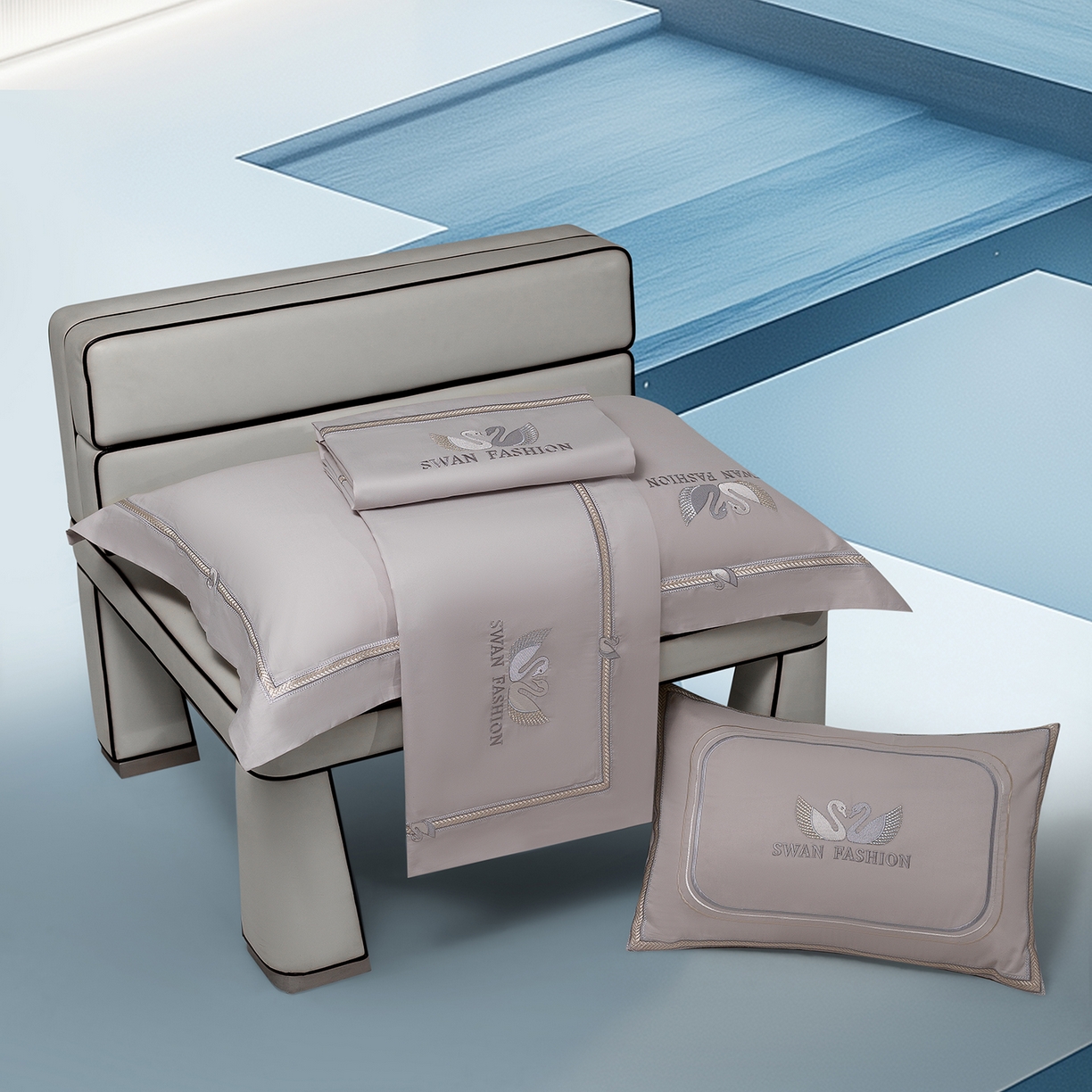 91家纺网 家纺一手货源 找家纺 高大尚婚庆馆 2025新款长绒棉磨毛四件套-施华洛 施华洛-绅士灰