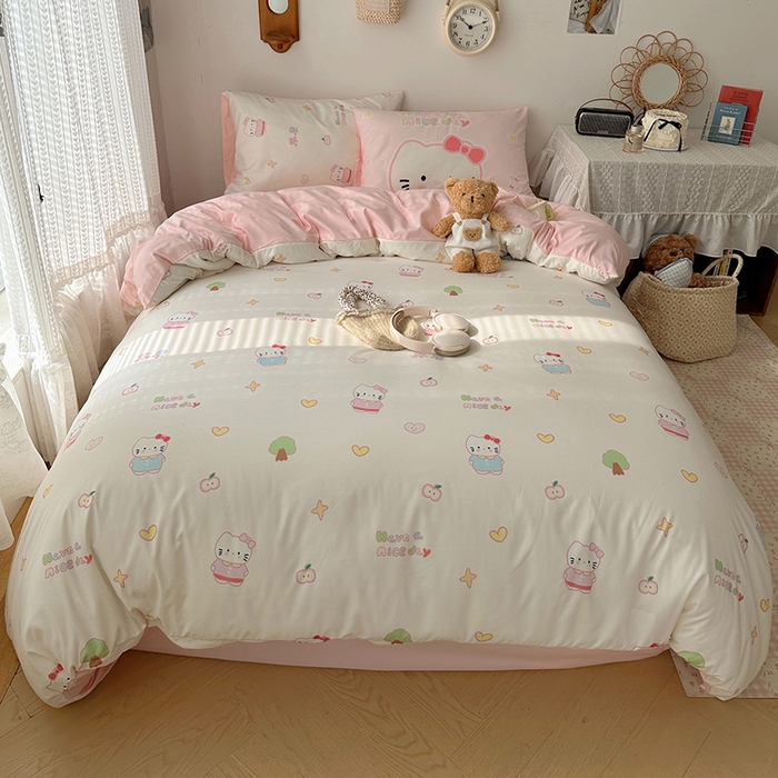 桃心家居 2025新款A类亲肤舒适软糯云柔水洗棉数码印花混搭四件套-少女卡通奶乎乎 云柔水洗棉-奶咖心愿猫