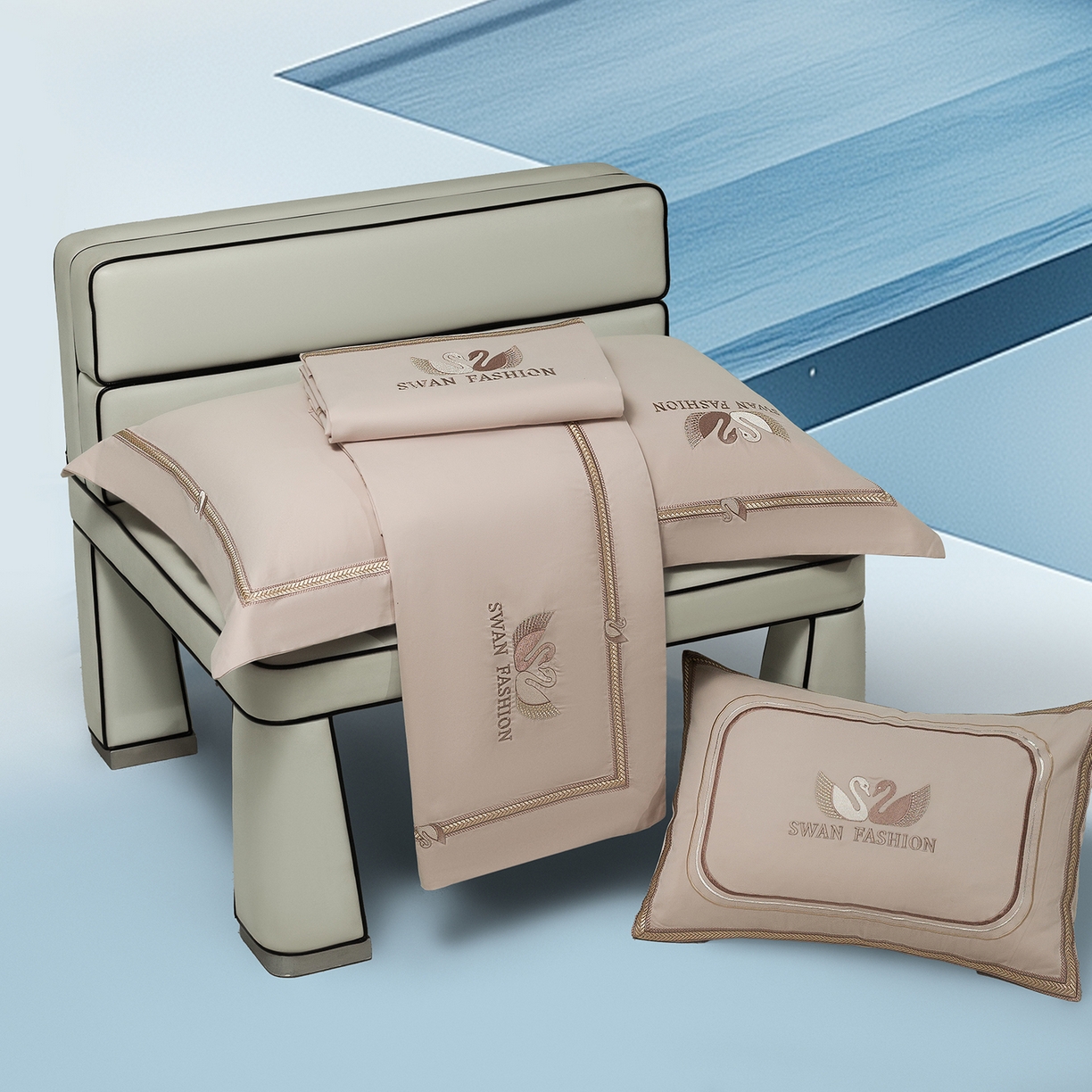 91家纺网 家纺一手货源 找家纺 高大尚婚庆馆 2025新款长绒棉磨毛四件套-施华洛 施华洛-香槟金