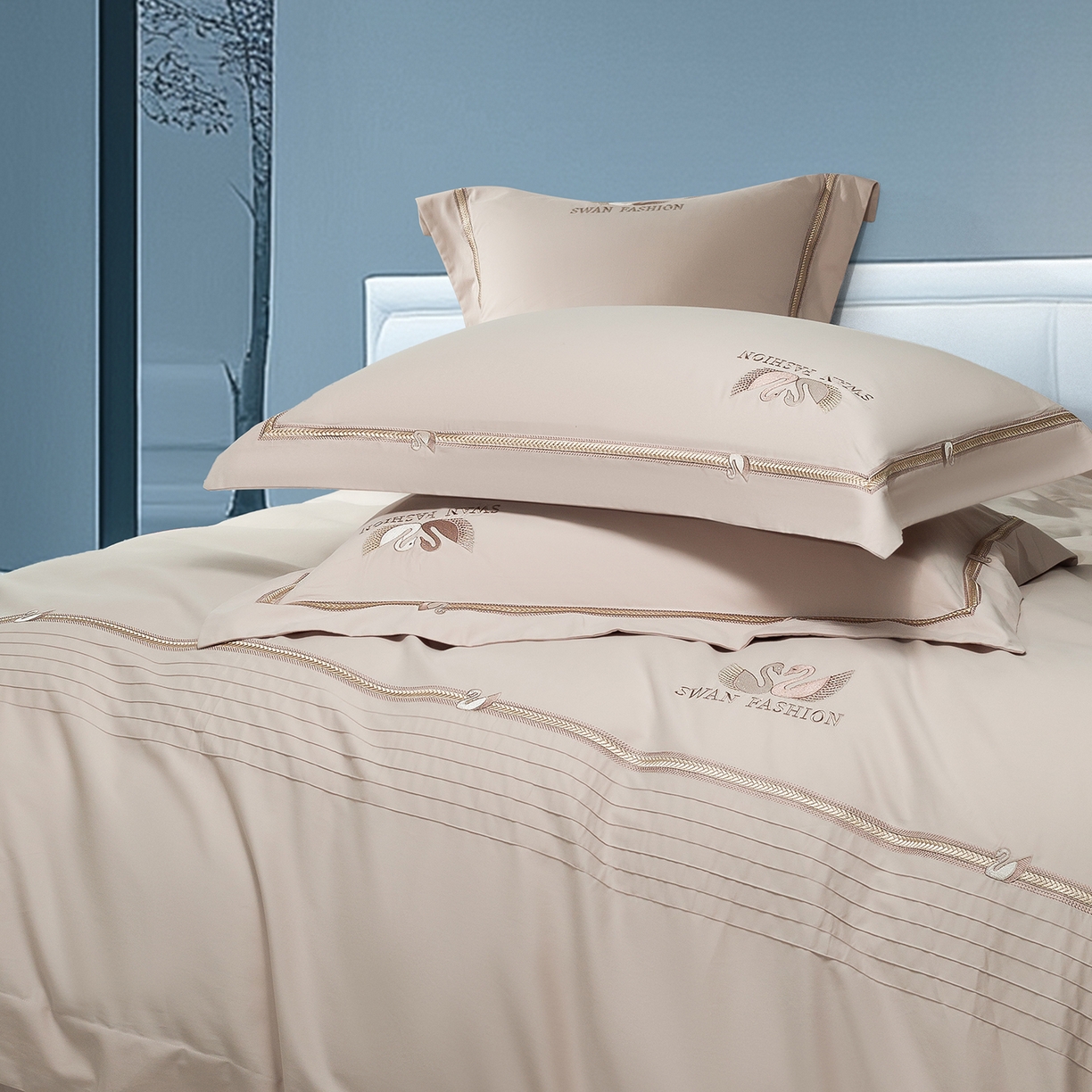 91家纺网 家纺一手货源 找家纺 高大尚婚庆馆 2025新款长绒棉磨毛四件套-施华洛 施华洛-香槟金