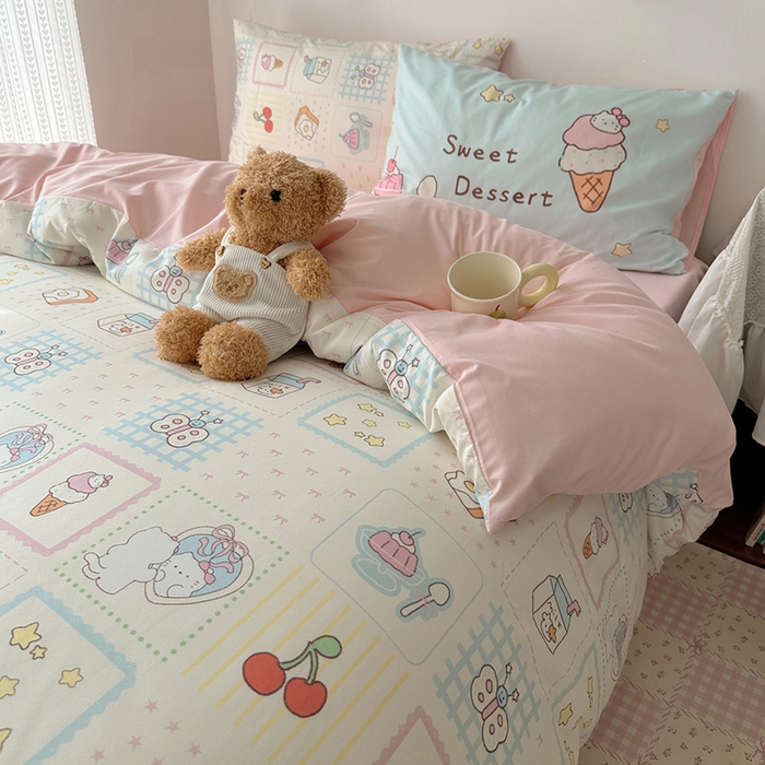 91家纺网 家纺一手货源 找家纺 桃心家居 2025新款A类亲肤舒适软糯云柔水洗棉数码印花混搭四件套-少女卡通奶乎乎 云柔水洗棉-混搭甜品屋