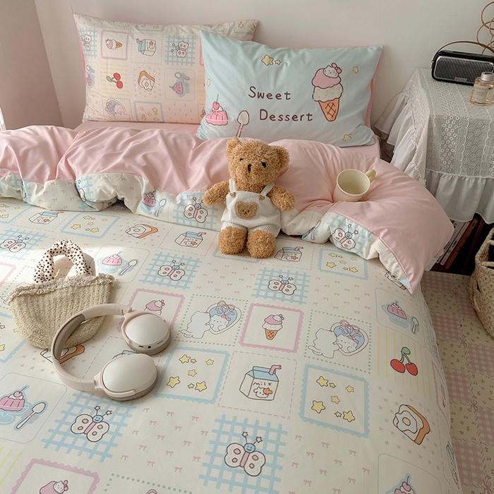 91家纺网 家纺一手货源 找家纺 桃心家居 2025新款A类亲肤舒适软糯云柔水洗棉数码印花混搭四件套-少女卡通奶乎乎 云柔水洗棉-混搭甜品屋