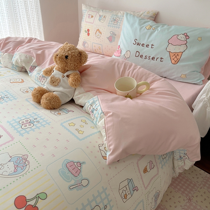 91家纺网 家纺一手货源 找家纺 桃心家居 2025新款A类亲肤舒适软糯云柔水洗棉数码印花混搭四件套-少女卡通奶乎乎 云柔水洗棉-混搭甜品屋