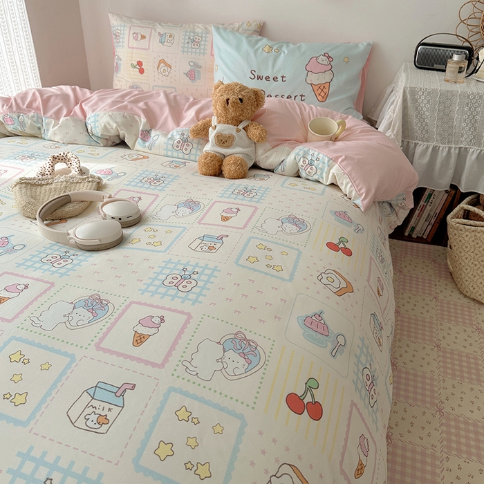 91家纺网 家纺一手货源 找家纺 桃心家居 2025新款A类亲肤舒适软糯云柔水洗棉数码印花混搭四件套-少女卡通奶乎乎 云柔水洗棉-混搭甜品屋