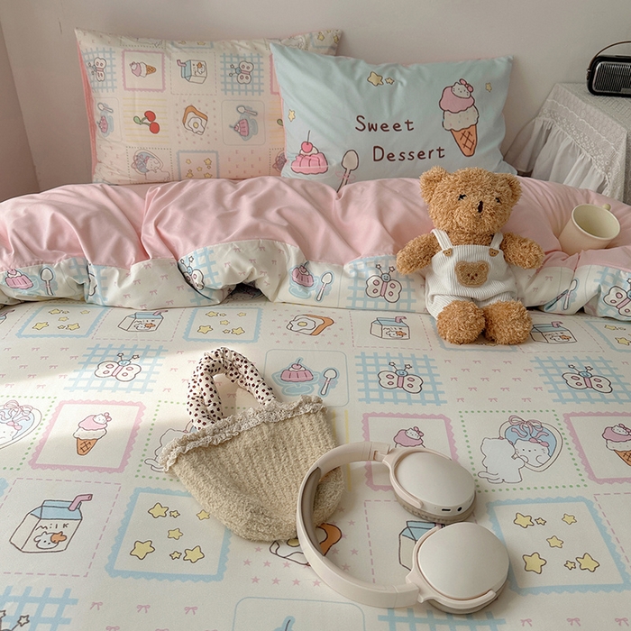 91家纺网 家纺一手货源 找家纺 桃心家居 2025新款A类亲肤舒适软糯云柔水洗棉数码印花混搭四件套-少女卡通奶乎乎 云柔水洗棉-混搭甜品屋