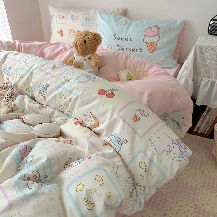 91家纺网 家纺一手货源 找家纺 桃心家居 2025新款A类亲肤舒适软糯云柔水洗棉数码印花混搭四件套-少女卡通奶乎乎 云柔水洗棉-混搭甜品屋