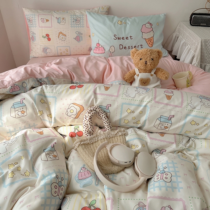 91家纺网 家纺一手货源 找家纺 桃心家居 2025新款A类亲肤舒适软糯云柔水洗棉数码印花混搭四件套-少女卡通奶乎乎 云柔水洗棉-混搭甜品屋