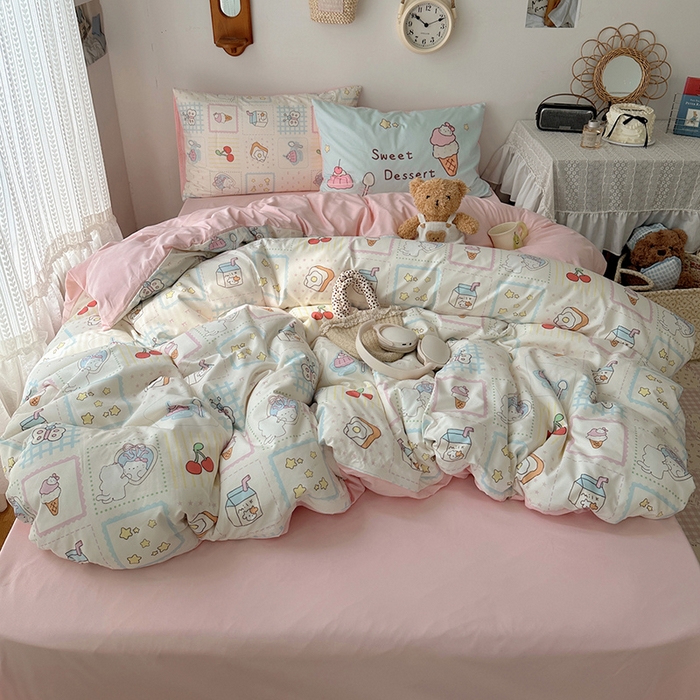 91家纺网 家纺一手货源 找家纺 桃心家居 2025新款A类亲肤舒适软糯云柔水洗棉数码印花混搭四件套-少女卡通奶乎乎 云柔水洗棉-混搭甜品屋