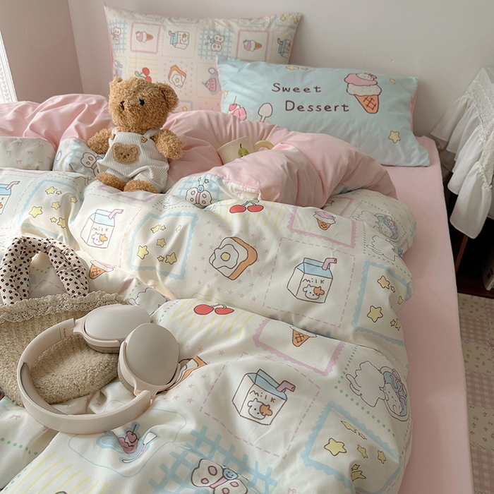 91家纺网 家纺一手货源 找家纺 桃心家居 2025新款A类亲肤舒适软糯云柔水洗棉数码印花混搭四件套-少女卡通奶乎乎 云柔水洗棉-混搭甜品屋
