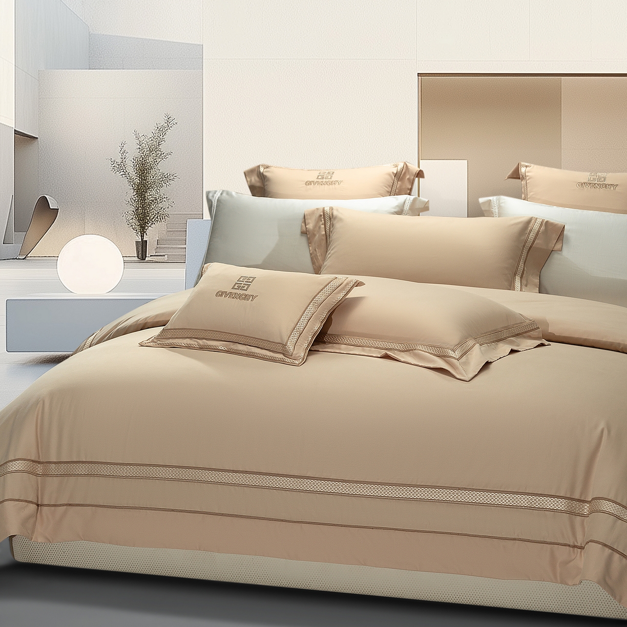 91家纺网 家纺一手货源 找家纺 高大尚婚庆馆 2025新款长绒棉磨毛四件套-纪梵希 纪梵希-卡其色