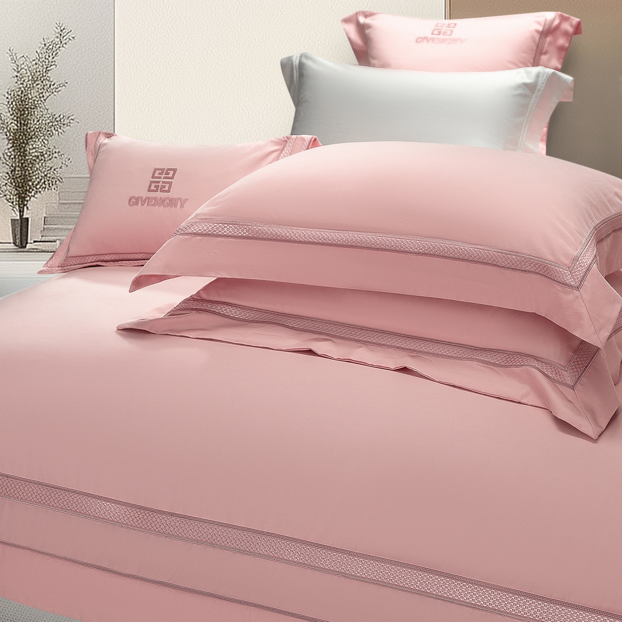 91家纺网 家纺一手货源 找家纺 高大尚婚庆馆 2025新款长绒棉磨毛四件套-纪梵希 纪梵希-落樱粉