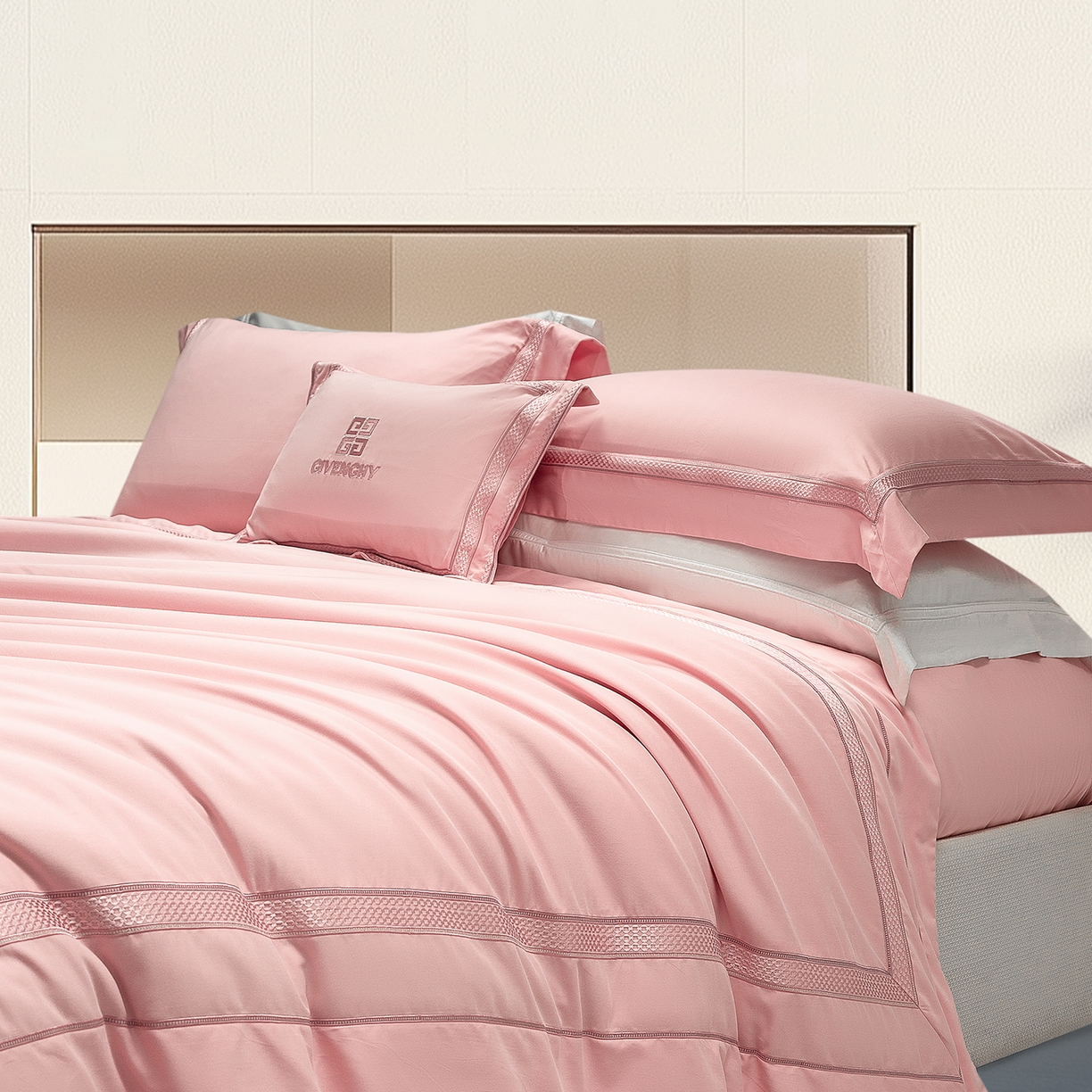 91家纺网 家纺一手货源 找家纺 高大尚婚庆馆 2025新款长绒棉磨毛四件套-纪梵希 纪梵希-落樱粉