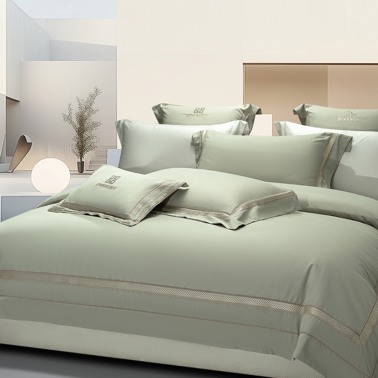 91家纺网 家纺一手货源 找家纺 高大尚婚庆馆 2025新款长绒棉磨毛四件套-纪梵希 纪梵希-油果绿