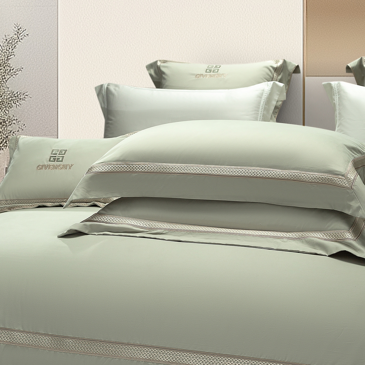 91家纺网 家纺一手货源 找家纺 高大尚婚庆馆 2025新款长绒棉磨毛四件套-纪梵希 纪梵希-油果绿