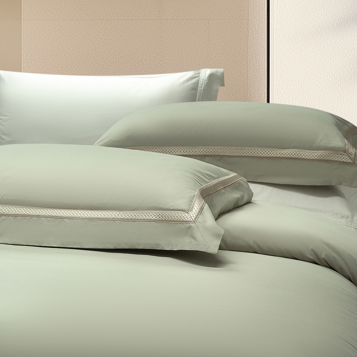 91家纺网 家纺一手货源 找家纺 高大尚婚庆馆 2025新款长绒棉磨毛四件套-纪梵希 纪梵希-油果绿