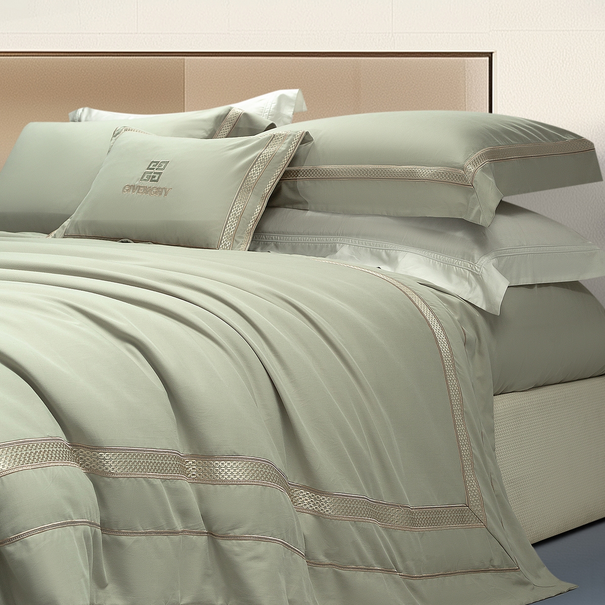 91家纺网 家纺一手货源 找家纺 高大尚婚庆馆 2025新款长绒棉磨毛四件套-纪梵希 纪梵希-油果绿