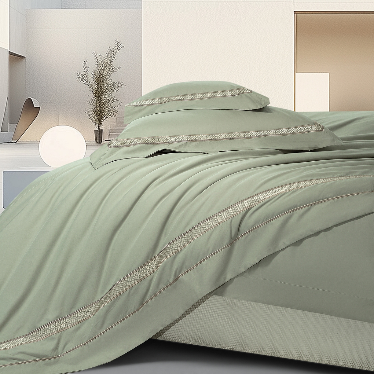 91家纺网 家纺一手货源 找家纺 高大尚婚庆馆 2025新款长绒棉磨毛四件套-纪梵希 纪梵希-油果绿