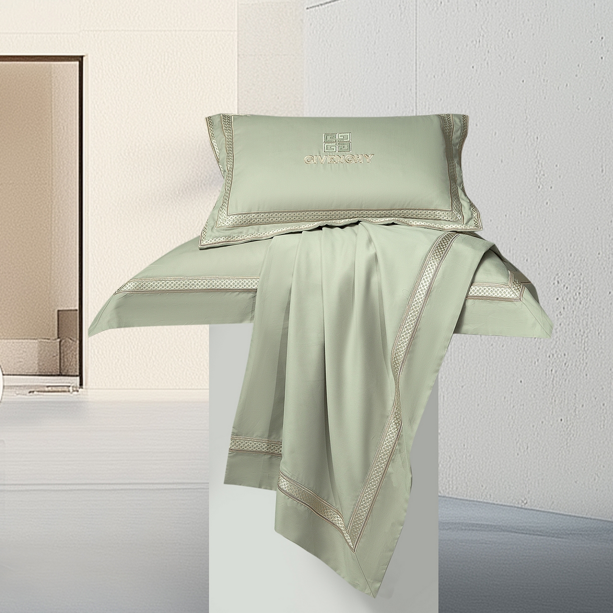 91家纺网 家纺一手货源 找家纺 高大尚婚庆馆 2025新款长绒棉磨毛四件套-纪梵希 纪梵希-油果绿