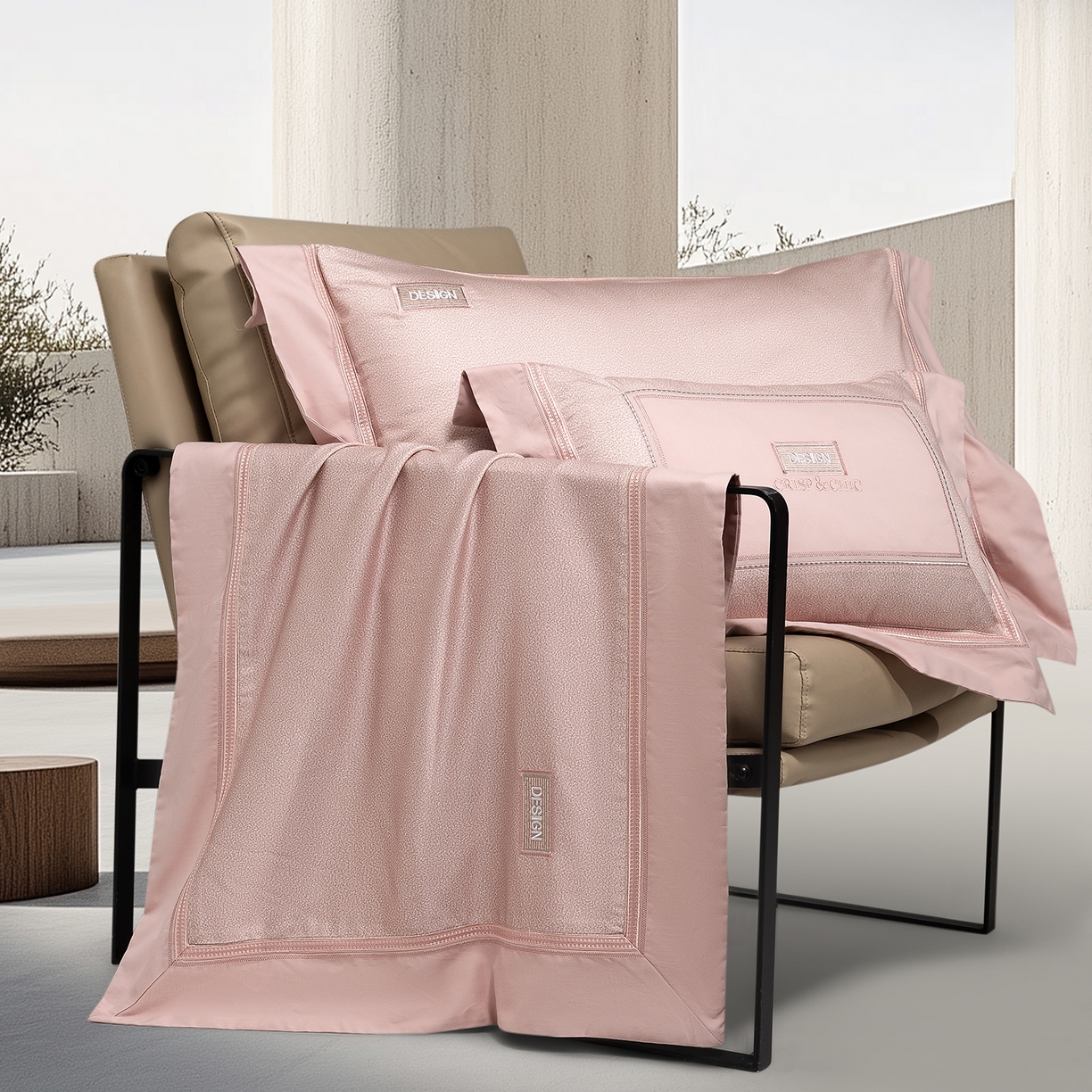 91家纺网 家纺一手货源 找家纺 高大尚婚庆馆 2025新款长绒棉磨毛四件套-迪澳 MXG迪澳-落樱粉