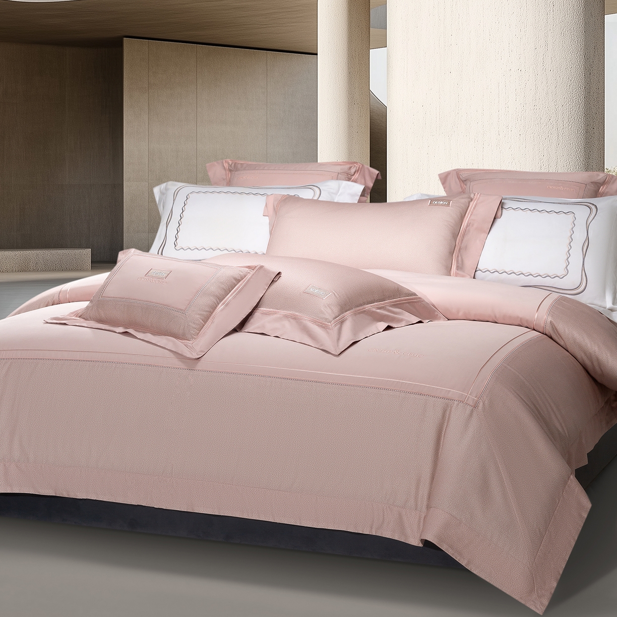 91家纺网 家纺一手货源 找家纺 高大尚婚庆馆 2025新款长绒棉磨毛四件套-迪澳 MXG迪澳-落樱粉