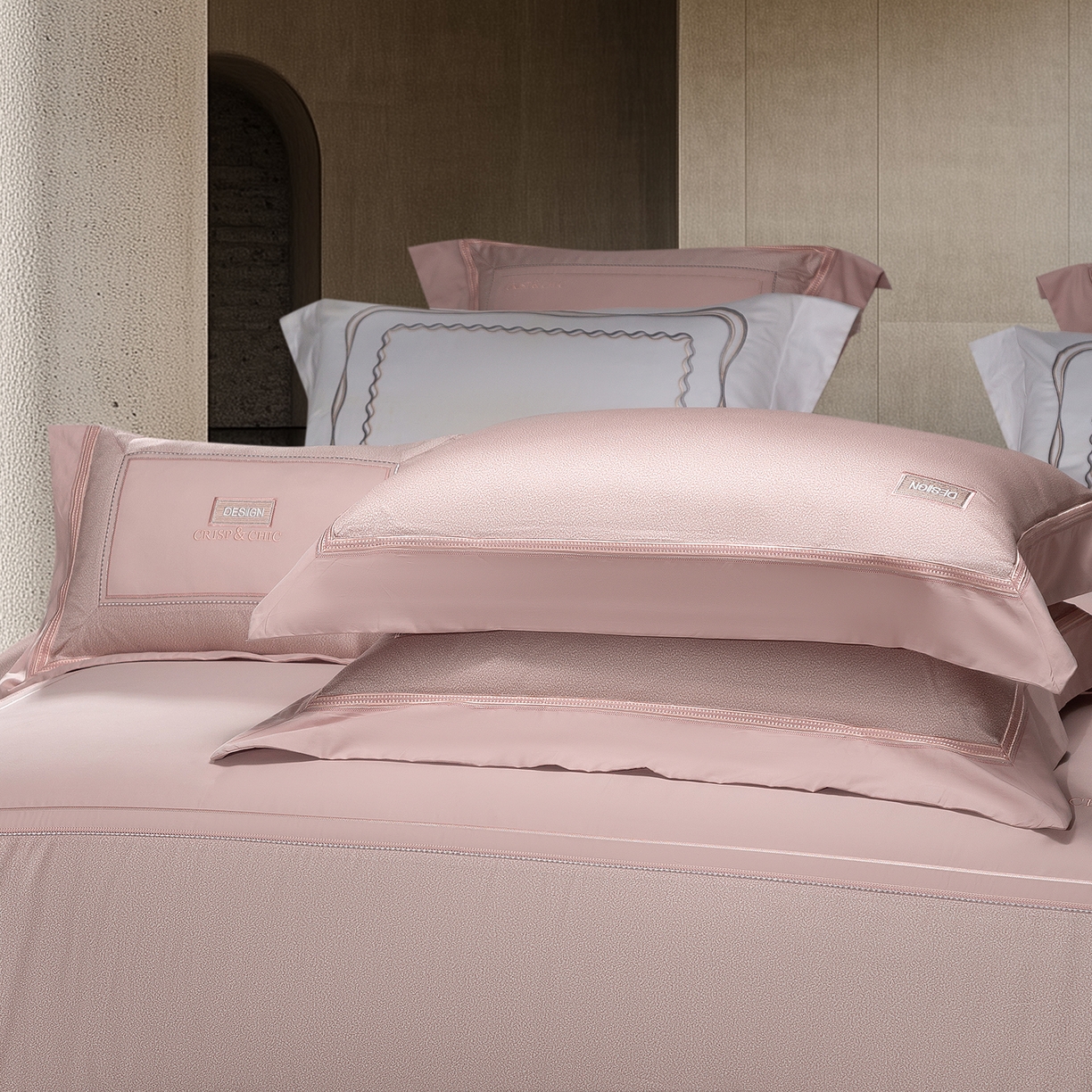 91家纺网 家纺一手货源 找家纺 高大尚婚庆馆 2025新款长绒棉磨毛四件套-迪澳 MXG迪澳-落樱粉