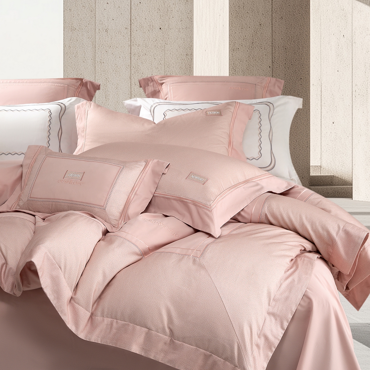 91家纺网 家纺一手货源 找家纺 高大尚婚庆馆 2025新款长绒棉磨毛四件套-迪澳 MXG迪澳-落樱粉