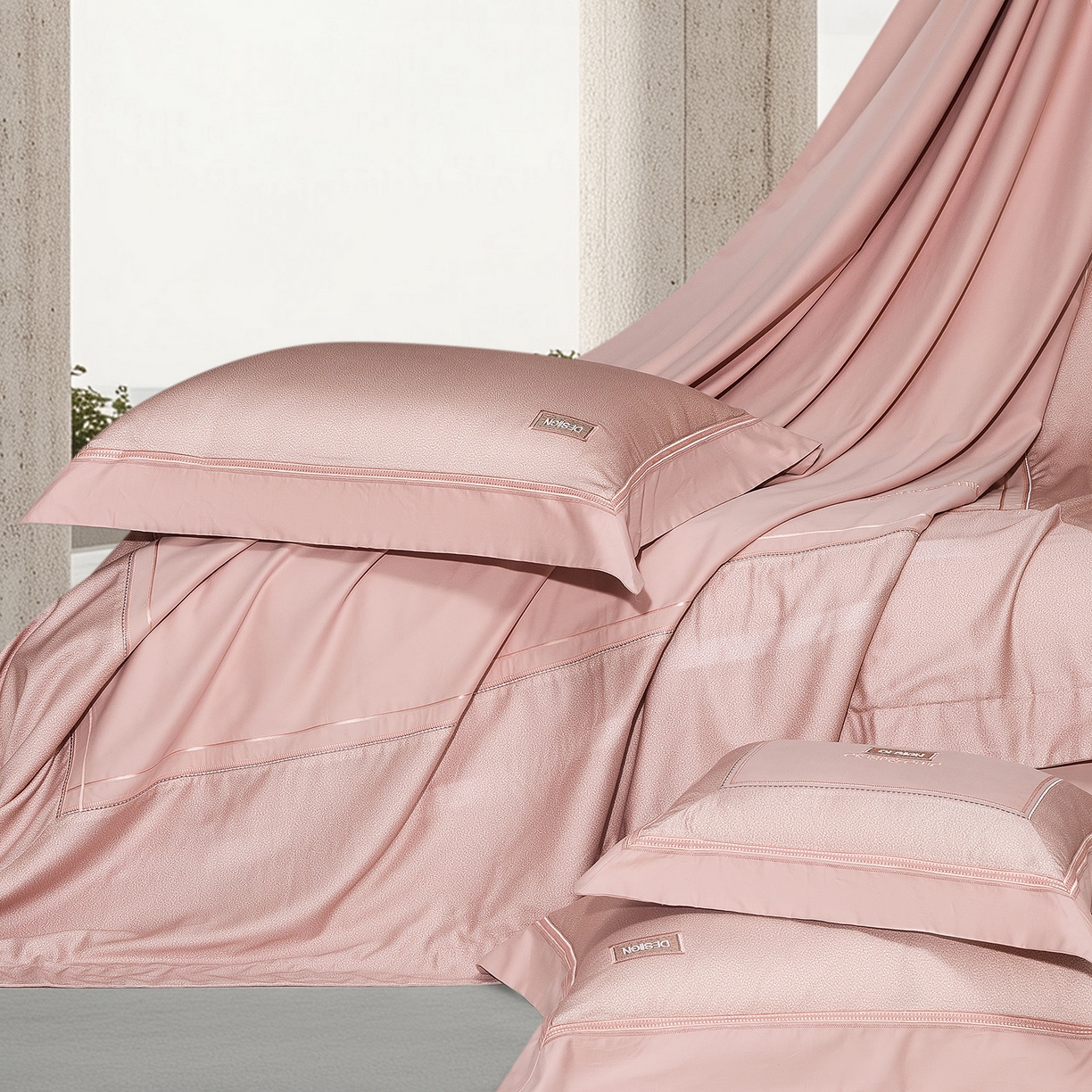 91家纺网 家纺一手货源 找家纺 高大尚婚庆馆 2025新款长绒棉磨毛四件套-迪澳 MXG迪澳-落樱粉