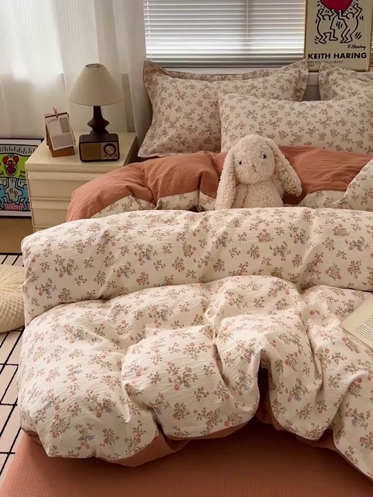 91家纺网 家纺一手货源 找家纺 仟网汇 2025新款古法水洗棉小布袋四件套 闲趣花开