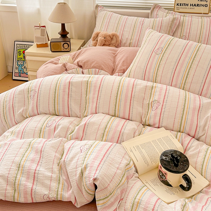 91家纺网 家纺一手货源 找家纺 仟网汇 2025新款古法水洗棉小布袋四件套 小草莓