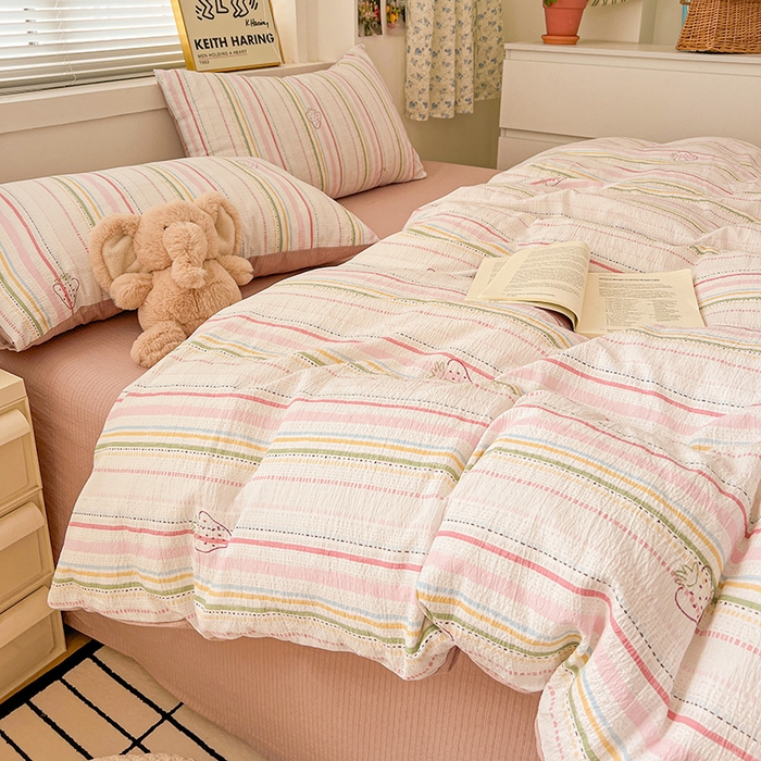 91家纺网 家纺一手货源 找家纺 仟网汇 2025新款古法水洗棉小布袋四件套 小草莓