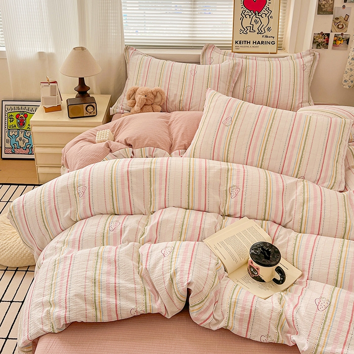 91家纺网 家纺一手货源 找家纺 仟网汇 2025新款古法水洗棉小布袋四件套 小草莓