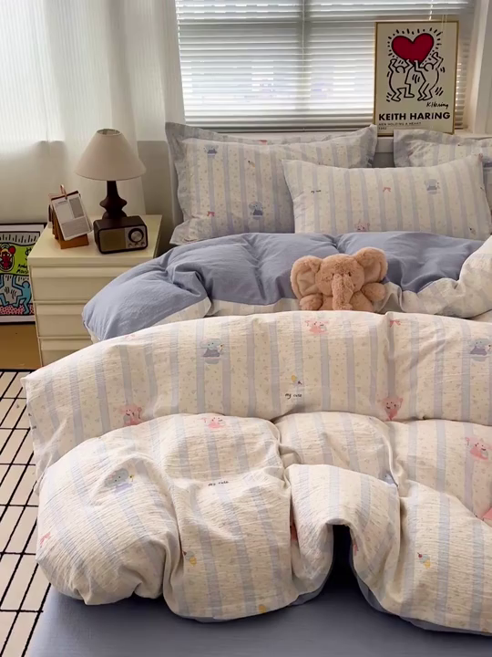 91家纺网 家纺一手货源 找家纺 仟网汇 2025新款古法水洗棉小布袋四件套 小萌象