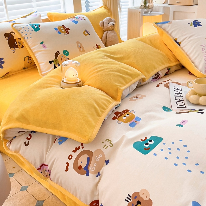 91家纺网 家纺一手货源 找家纺 琪琪阁家纺 2025新款A类全棉纯棉加牛奶绒包边款单被套四件套 机智萌宠