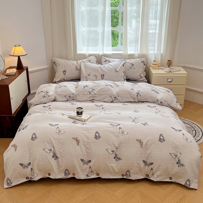 91家纺网 家纺一手货源 找家纺 优尚佳生活馆 2025秋冬新款高克重亚麻复古侘季风复麻系列四件套 蝶梦浅纱