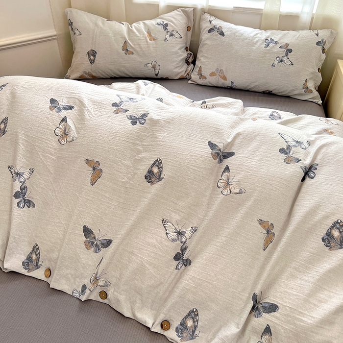 91家纺网 家纺一手货源 找家纺 优尚佳生活馆 2025秋冬新款高克重亚麻复古侘季风复麻系列四件套 蝶梦浅纱