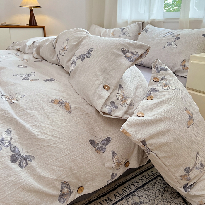 91家纺网 家纺一手货源 找家纺 优尚佳生活馆 2025秋冬新款高克重亚麻复古侘季风复麻系列四件套 蝶梦浅纱