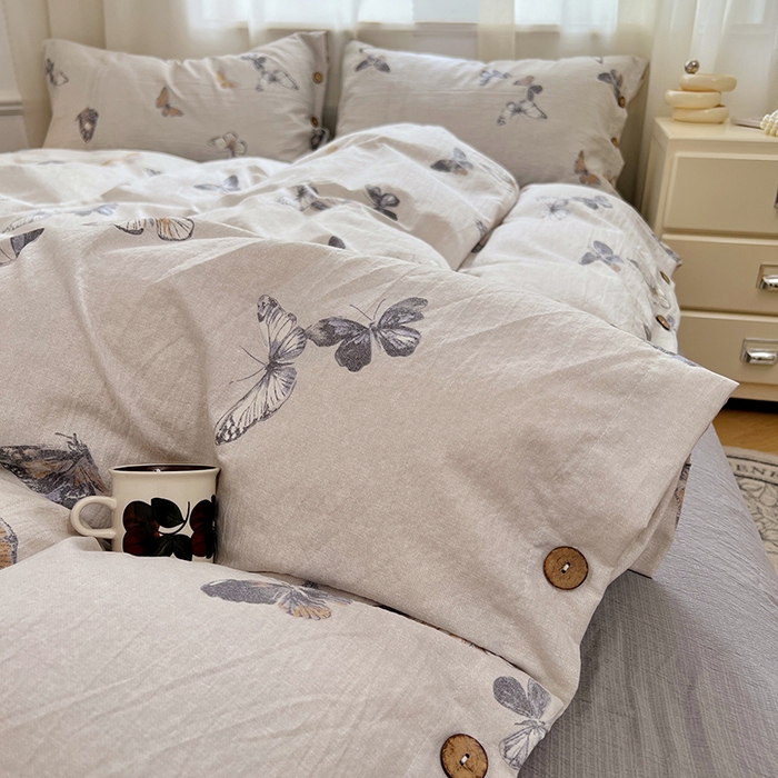 91家纺网 家纺一手货源 找家纺 优尚佳生活馆 2025秋冬新款高克重亚麻复古侘季风复麻系列四件套 蝶梦浅纱